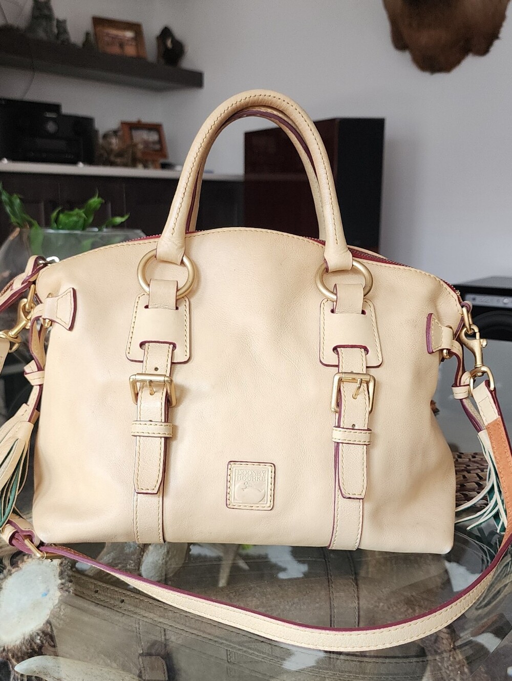 Dooney & Bourke Cream Leather Satchel with Gold Hardware and Pink Trim